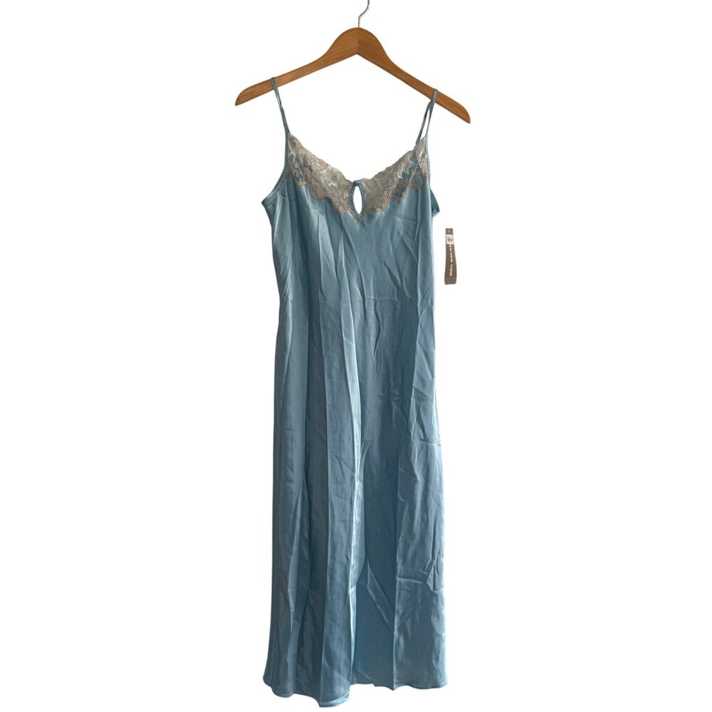 Jones New York Vintage Satin Maxi Slip Dress Blue Lace Keyhole Deadstock NWT